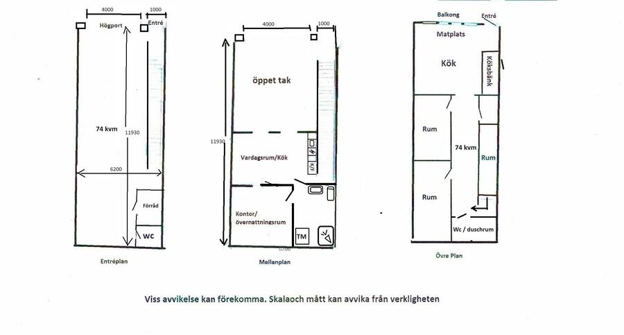 Planritning för alla 3 plan