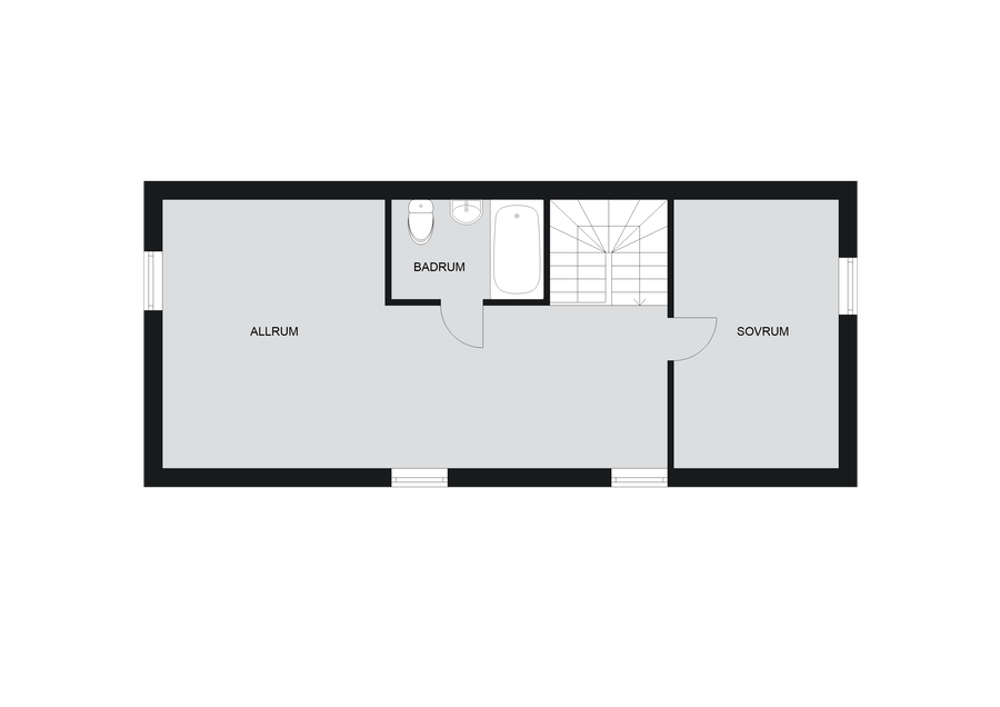 Övre plan. Allrummet kan även nyttjas som sovrum. 