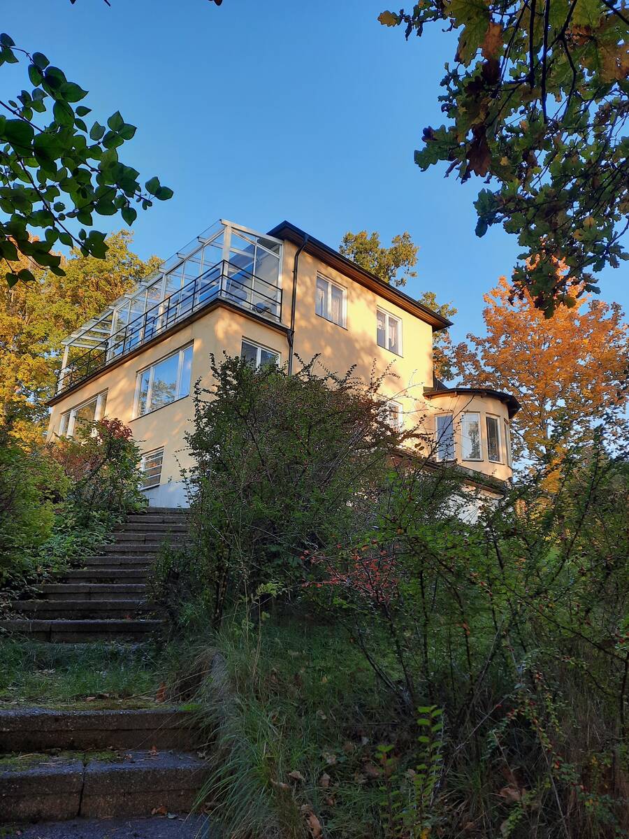 Sommarbild med trappan från garaget till huset 