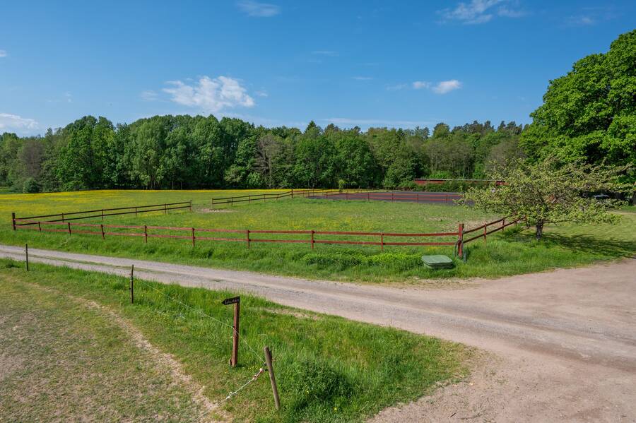 Väg genom bete till sjön Roxen