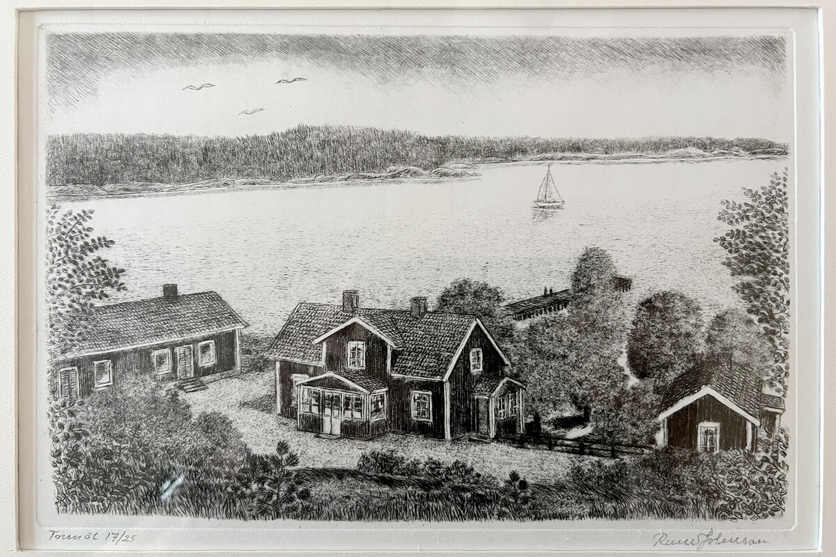 Akvarell visande Hållsvikens hus (från samma utsiktspunkt som greve von Hallwyls teckning.