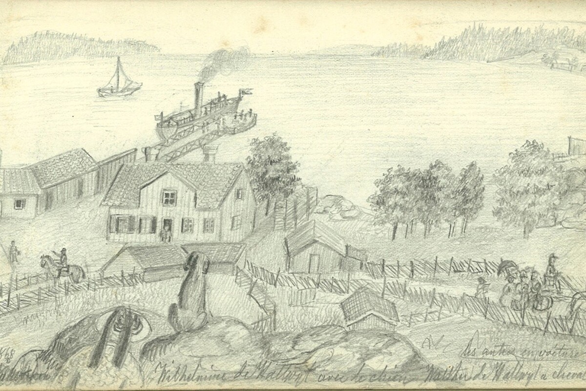 Teckning av Walter von Hallwyl 1868, visande den nya handelsboden längst till vänster, krogen /Stora huset i mitten och Erikslunds mejeri höger därom (idag äldsta delen av Lilla huset). I bakgrunden syns ett av grevens ångfartyg som lastar vid stora bryggan, och i förgrunden syns livlig trafik på gamla landsvägen.